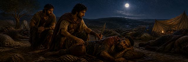 David and Abishai beside sleeping Saul with his spear and water jug